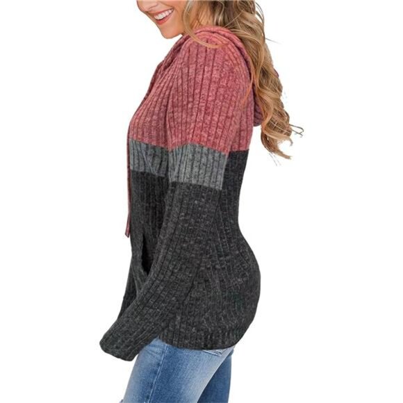 Women Color Block Hoodie Sweatshirt Long Sleeve Pullover Pocket Casual Tops - Picture 2 of 8